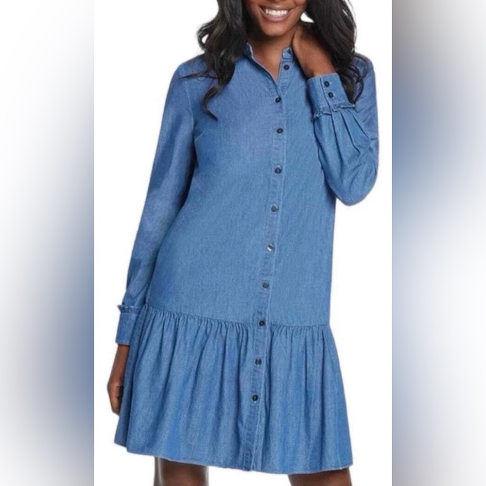 Draper James Chambray Shirt Dress Ruffle Hem Button Front Blue Size 4